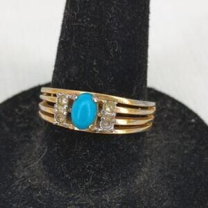 Vintage 14k Heavy Gold Electroplate Oval Turquoise & Diamond Accent Ring Size 7